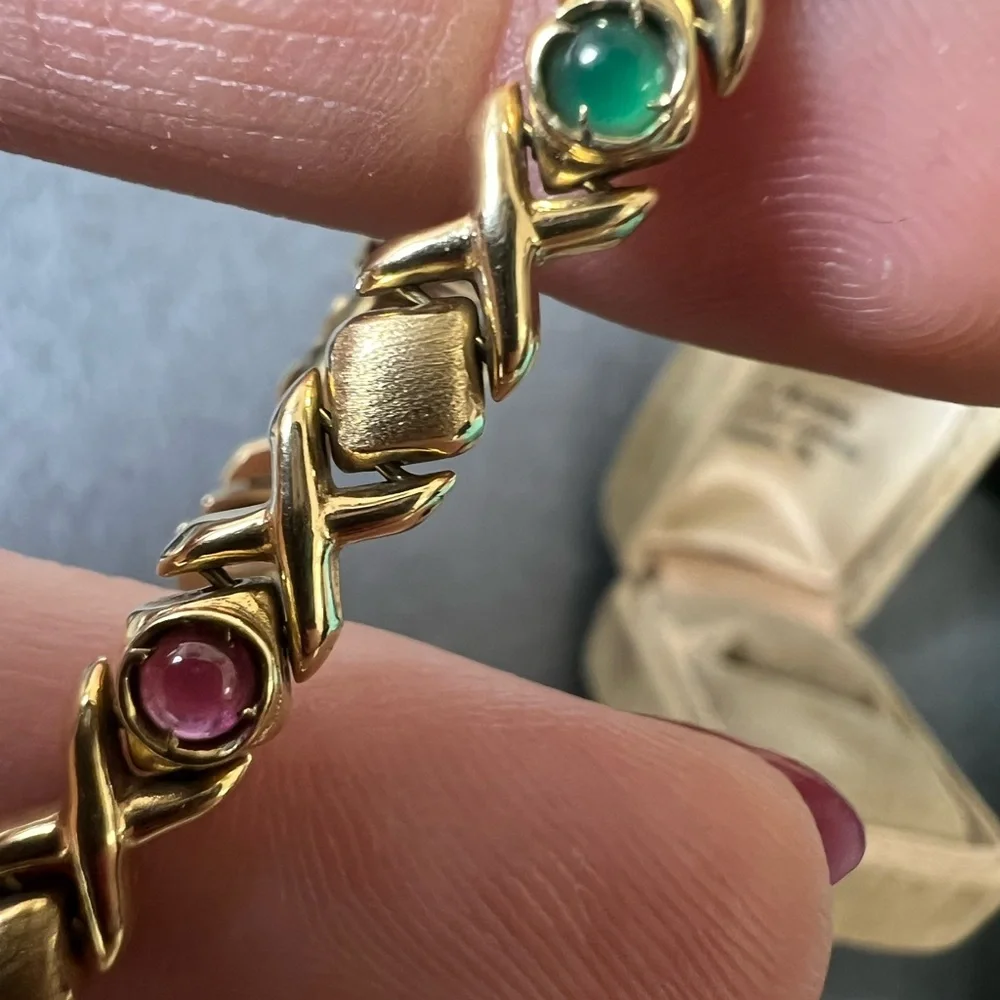 14K Gold Bracelet with Sapphires, Rubies and Emerald Cabochon Accents